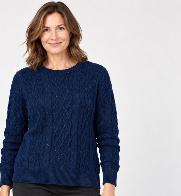J. Crew Sweaters - J Crew Women Fisherman Sweater Medium Blue Flecked Cable knit Crew Pullover